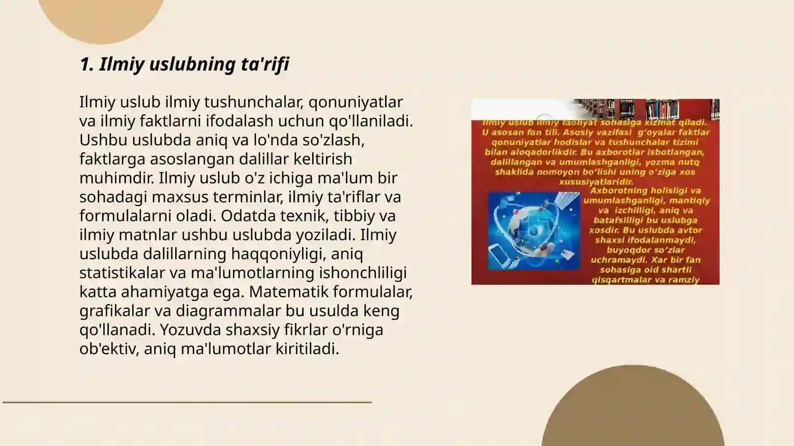 Ilmiy uslub va uning turlari. Ilmiy uslubning leksik grammatik xususiyatlari 3