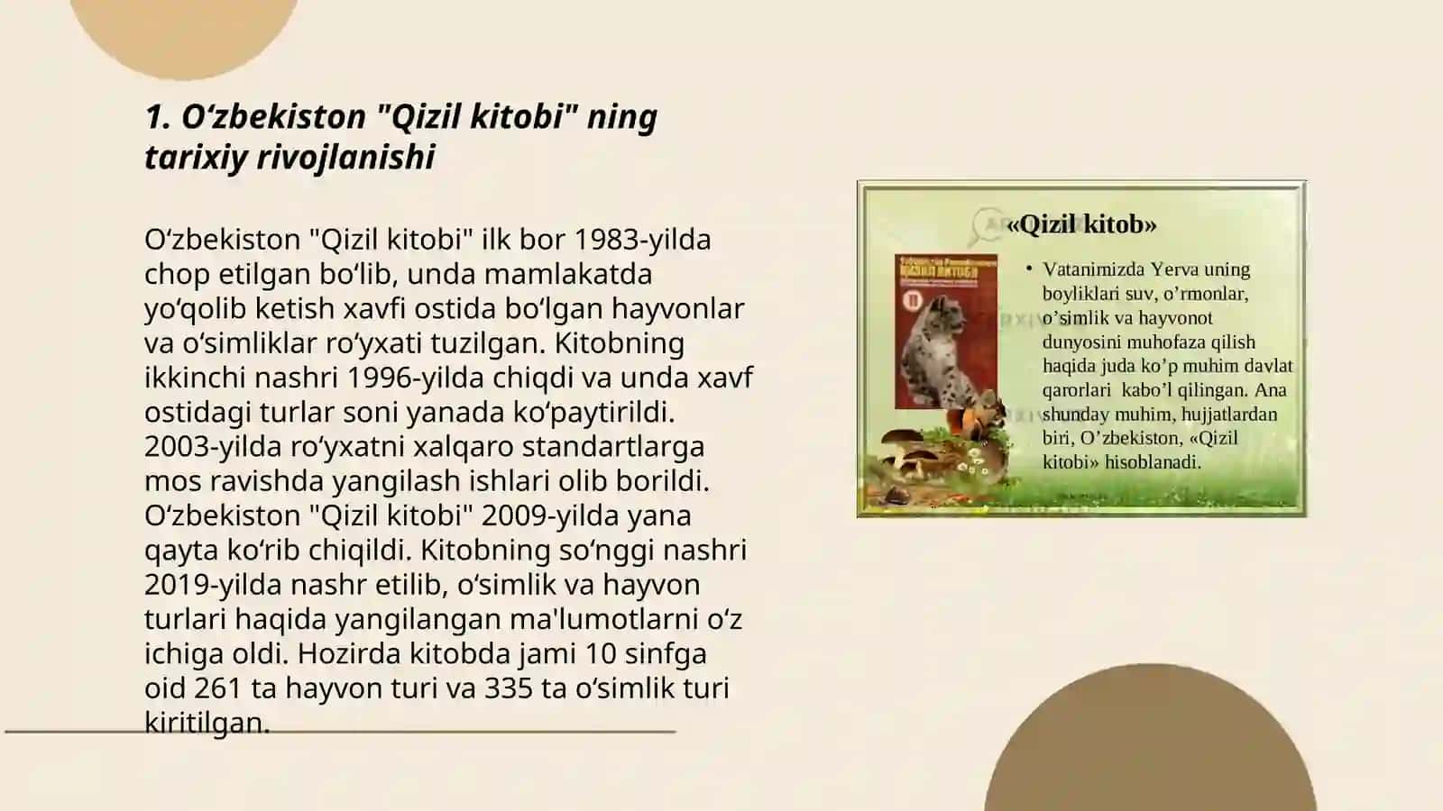 O‘zbekiston "Qizil kitob"iga kiritilgan o‘simliklar va hayvonot olami haqida malumot tayyorlash 3