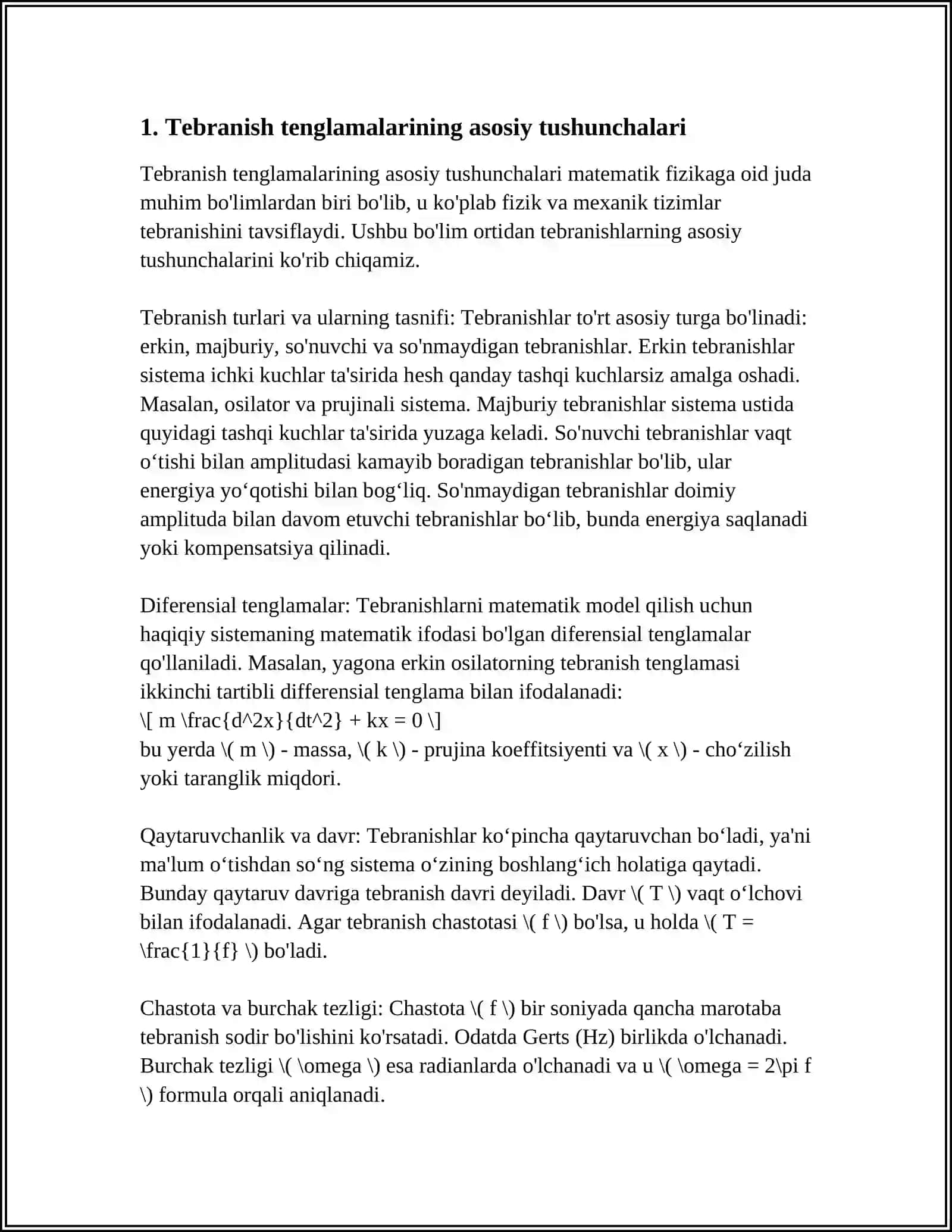 MEXANIK TEBRANISHLARNING DIFFERENSIAL TENGLAMASI 3