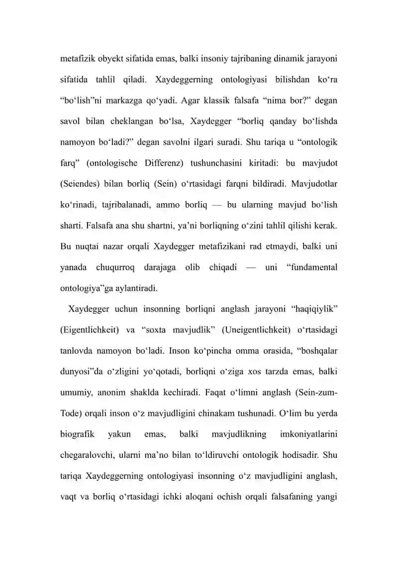 MAVZU: KLASSIK BO‘LMAGAN ONTOLOGIYANING YO‘NALISHLARI VA MOHIYATI (M. XAYDEGGERNING “BORLIQ VA VAQT” 3