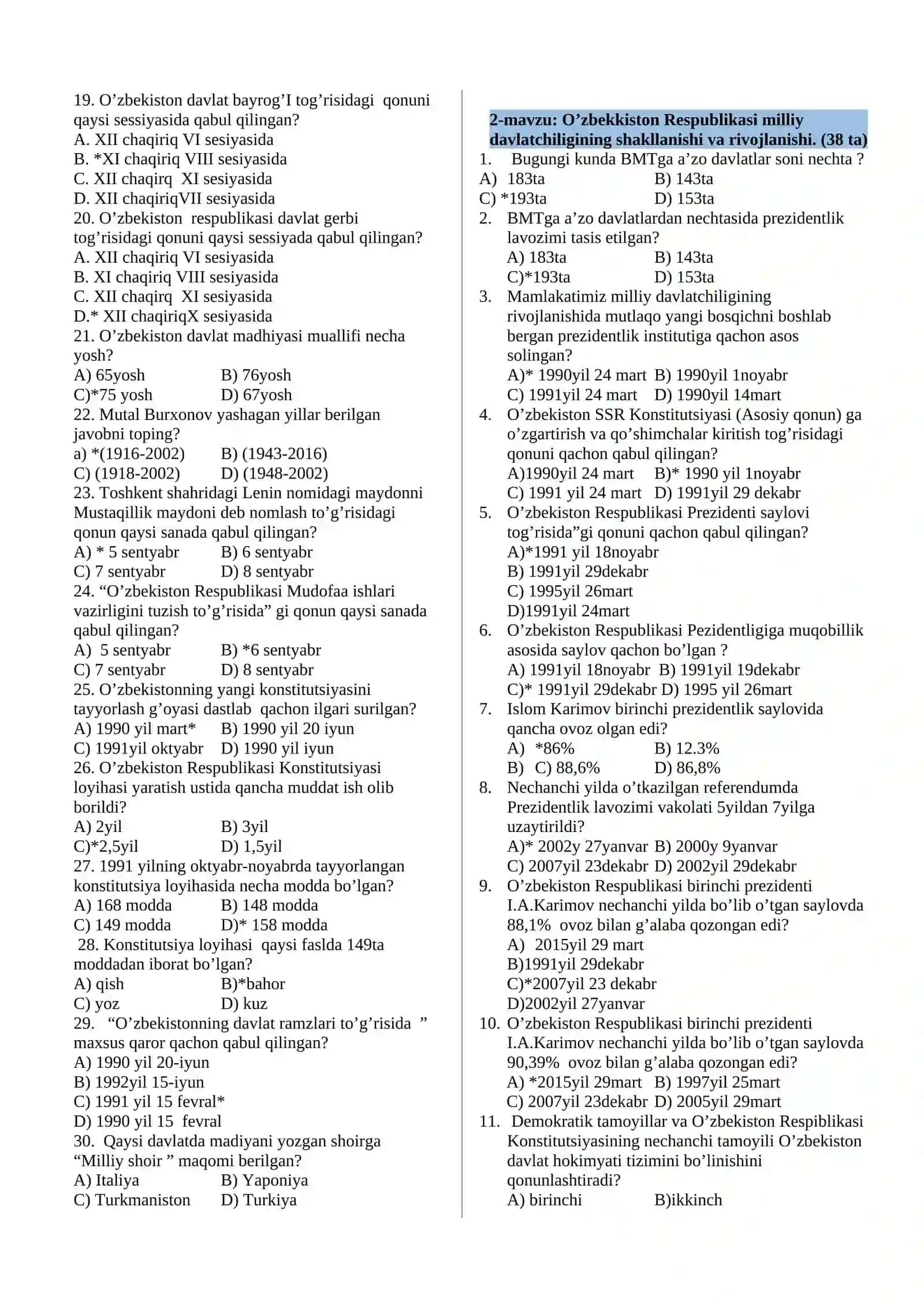 11-sinf O’zbekiston tarixi darsligi yuzasidan mavzulashtirilgan test to’plami 3
