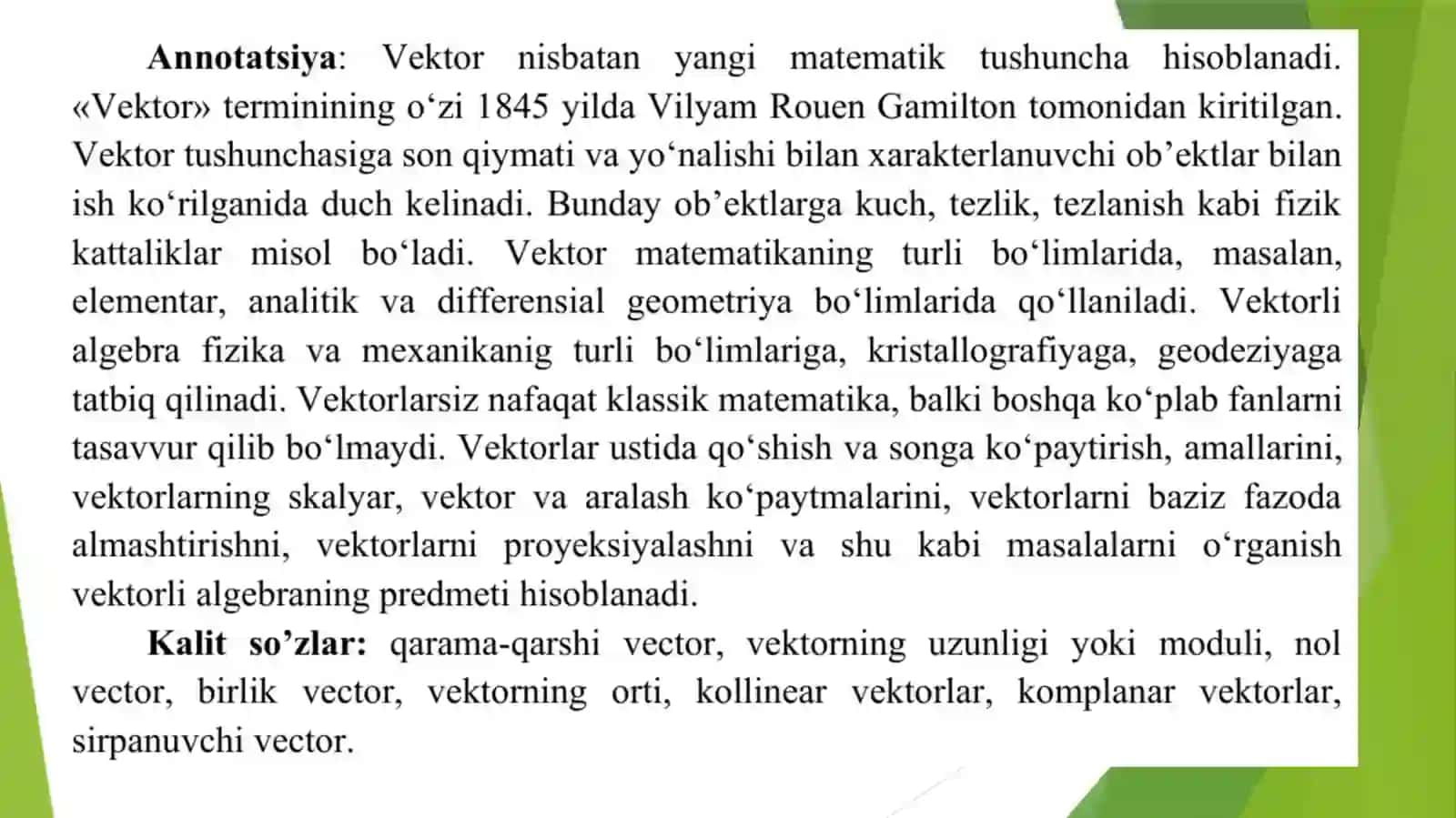 VEKTORLAR. VEKTORLAR USTIDA CHIZIQLI AMALLAR 3
