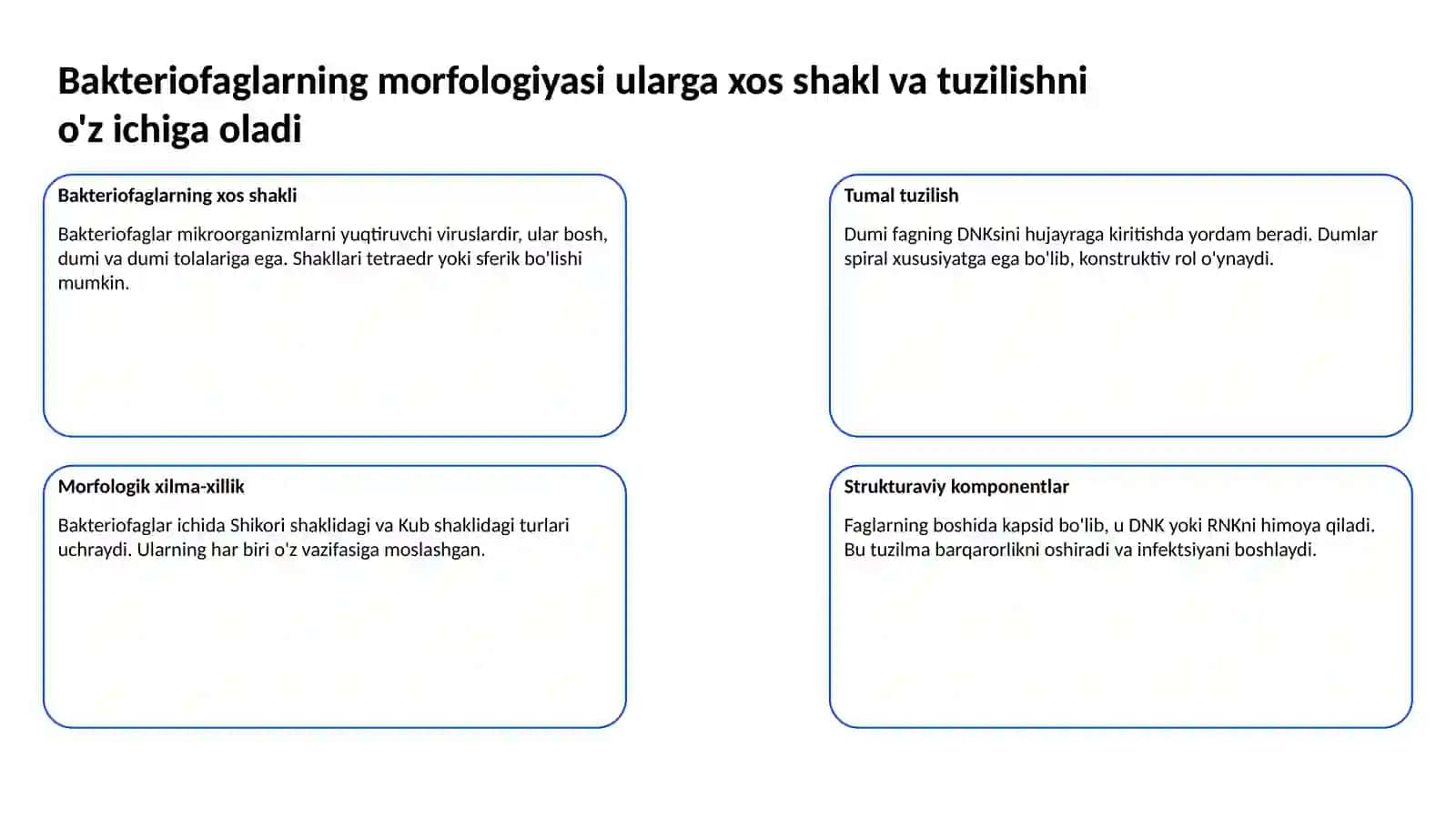 Bakteriofaglar, morfologiyasi, strukturasi, repraduksiyasi, amaliyotda (davolashda, identifikatsiyada, profilaktikada) qo’llanilishi 3