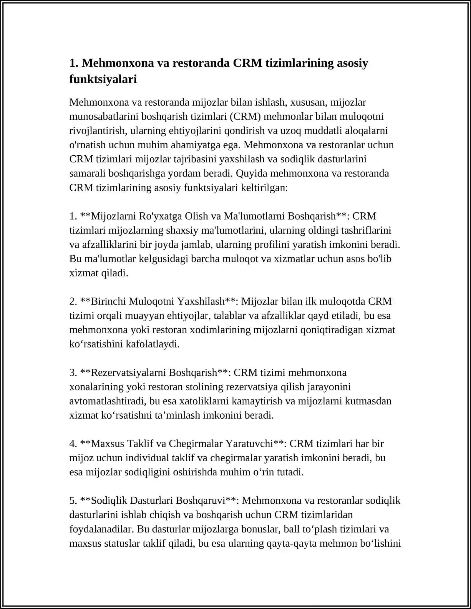 MEHMONXONA VA RESTORANDA MIJOZLAR BILAN ISHLASH(CRM) VA SODIQLIK DASTURLARI 3