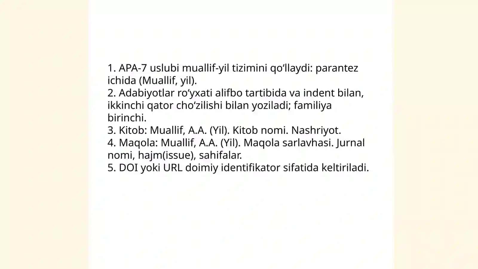 Ilmiy maqolaning "adabiyotlar sharhi" qismini shakllantirishda apa-7 uslubini qoʻllagan holda iqtibos berish koʻnikmasi 3