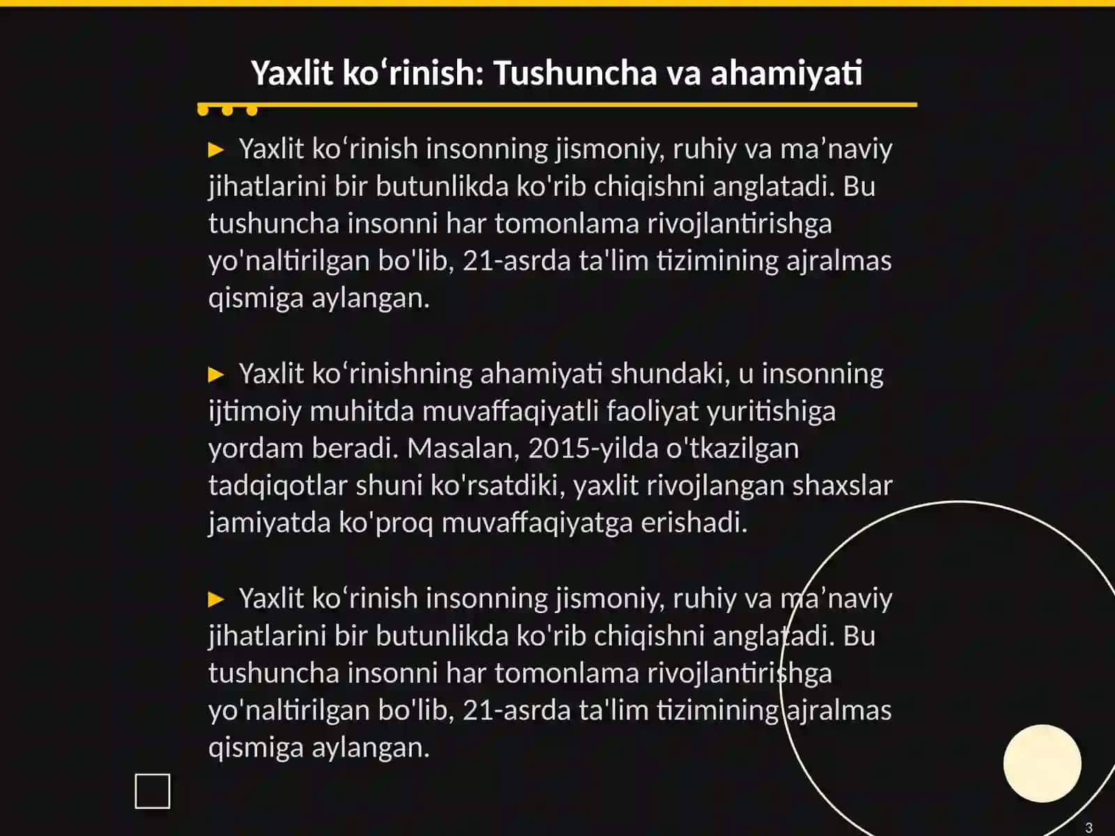 Insonning yaxlit koʻrinishi va maʼnaviy axloqiy qoidalari. Fan Tarbiya fanini oʻqitish metodikasi 3
