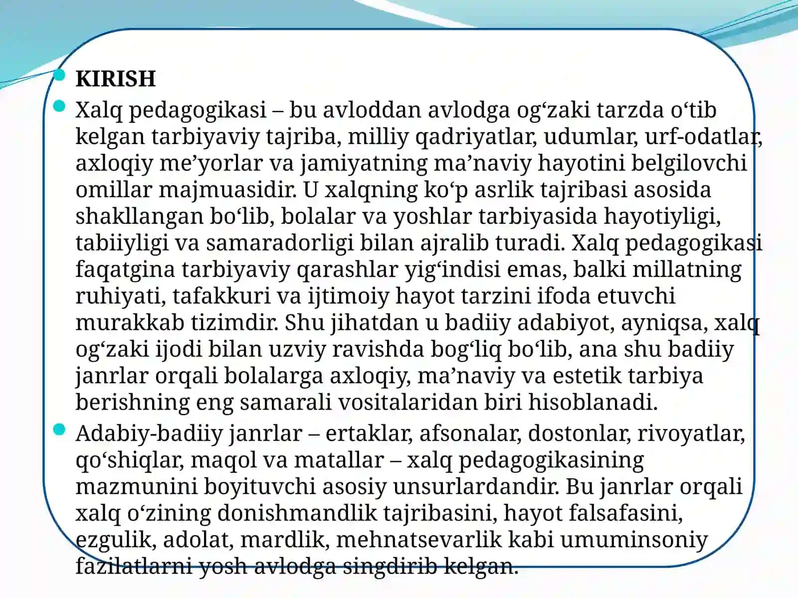 Xalq pedagogikasi bilan chambarchas bog'liq bo'lgan adabiy-badiiy janrlar. Venn diagramma yarating 3