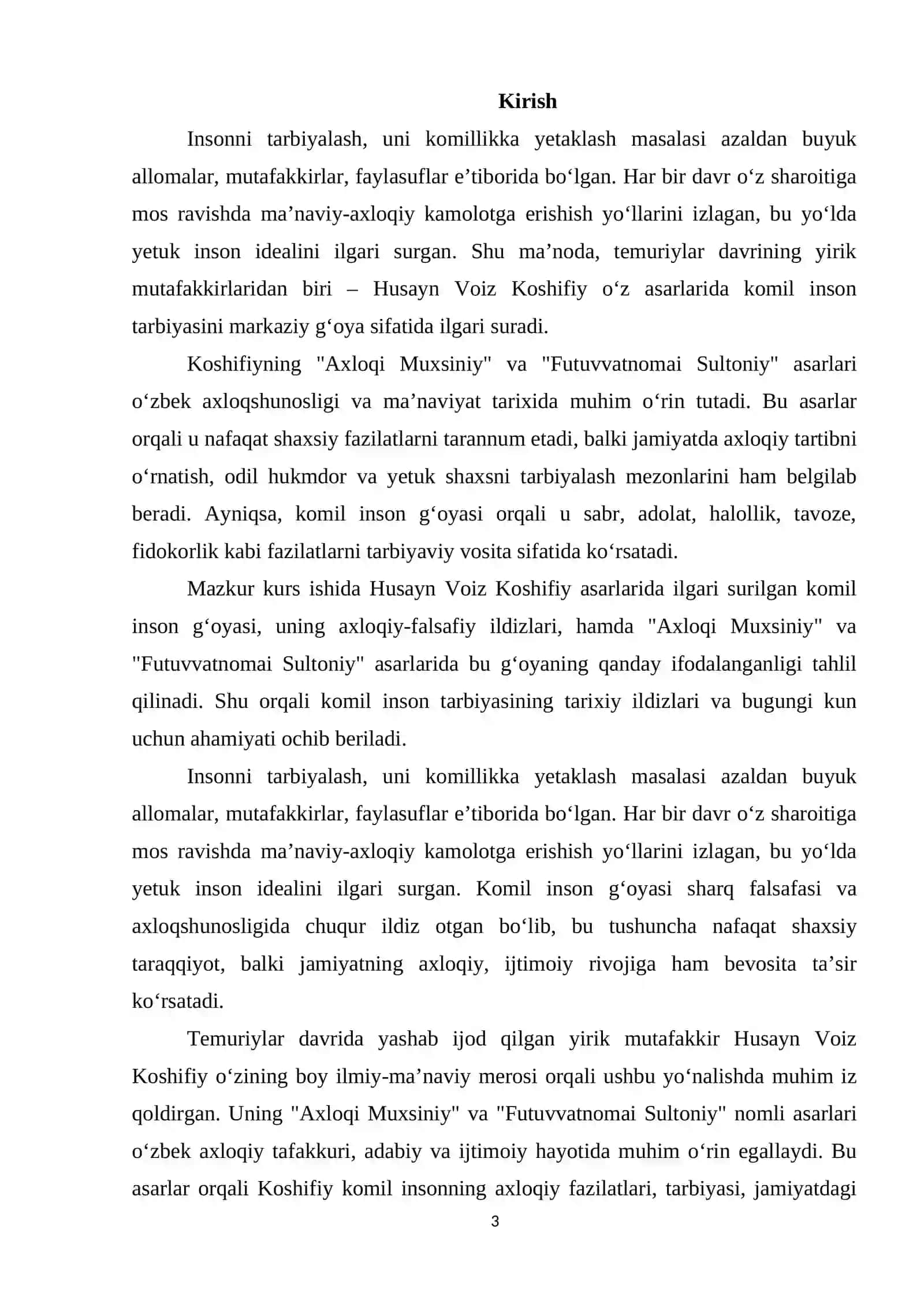 Husain Voiz Koshifiyning "Axloqi Muxsiniy" va "Futuvvatnomai Sultoniy" asarida komil inson tarbiyasi 3