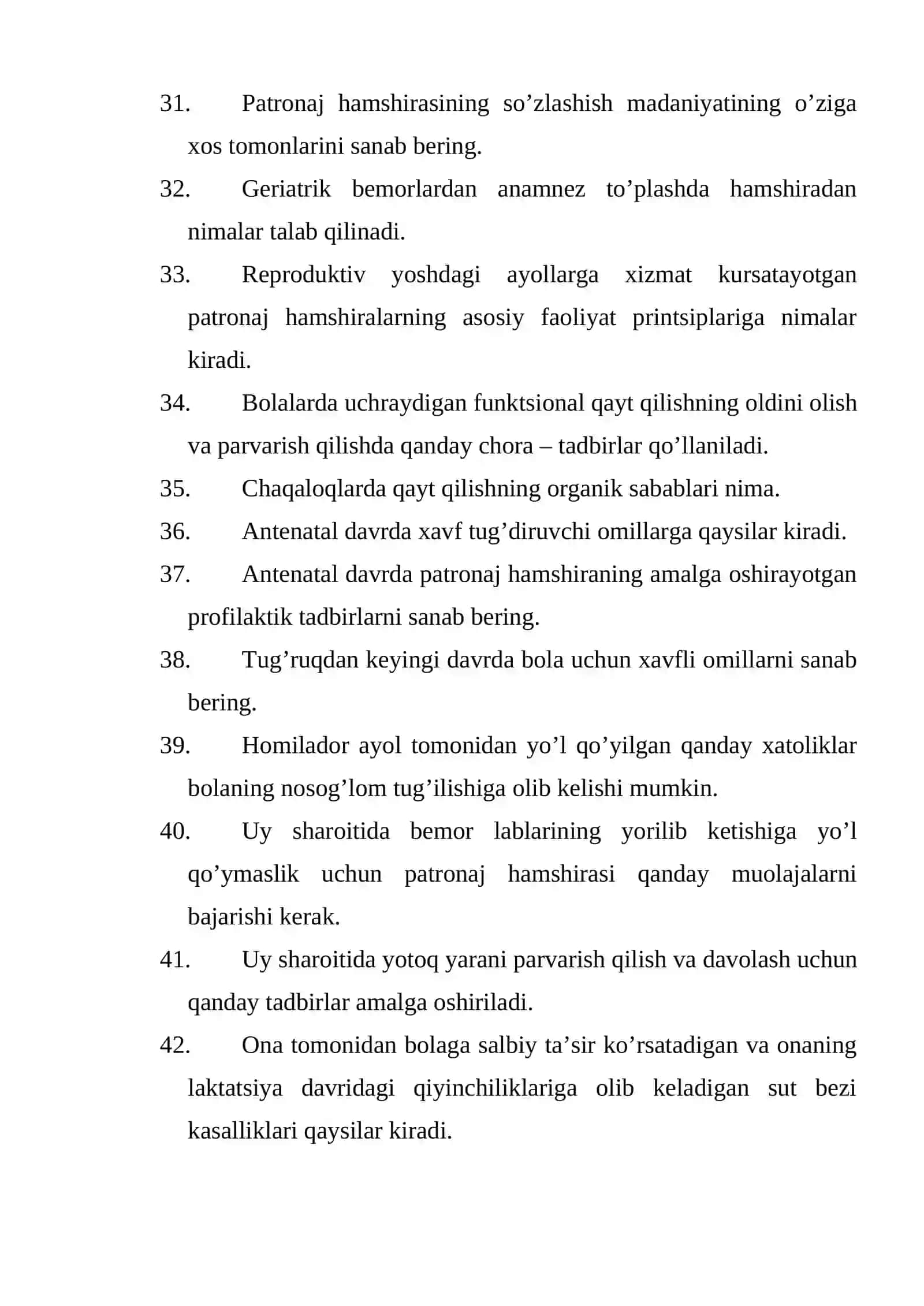 Hamshiralik ishi (patronaj hamshiralari) mutaxassisligi bo’yicha shakllantirilgan og’zaki savollar ro’yxati 3