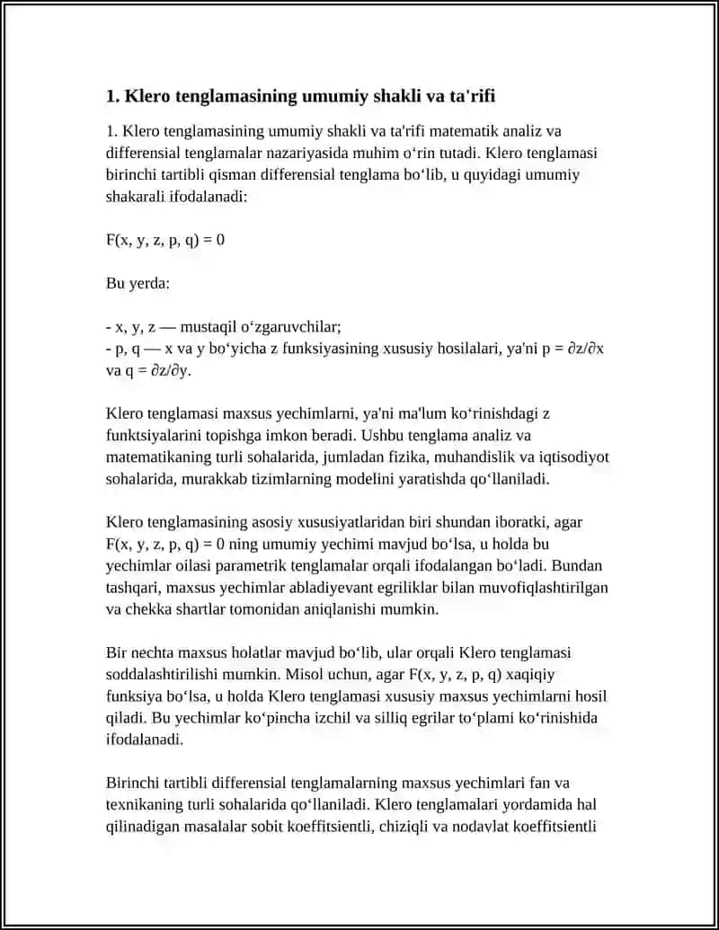 BIRINCHI TARTIBLI DIFFERENSIAL TENGLAMANING MAXSUS YECHIMI.KLERO TENGLAMASI. LAGRANJ TENGLAMASI 3