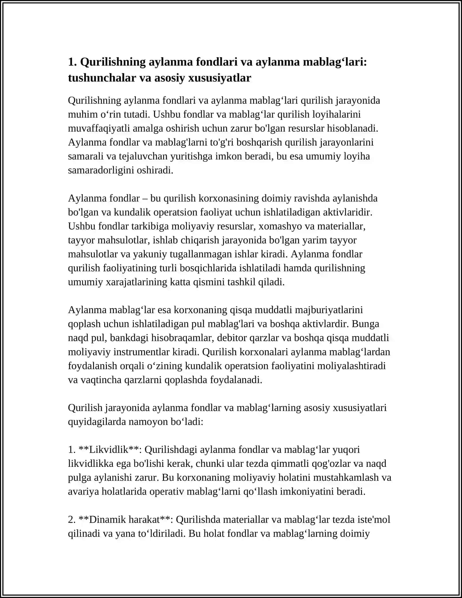 QURILISHNING AYLANMA FONDLARI VA AYLANMA MABLAG'RI,ULARNING SHAKLANISHI VA ULARDAN FOYDALANISH 3