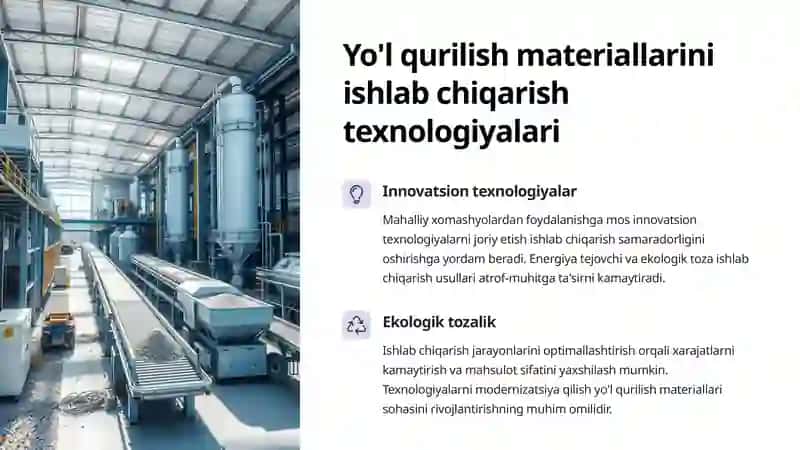 Mahalliy xomashyolardan yo'l qurilish materiallari Istiqbol va Imkoniyatlar 3