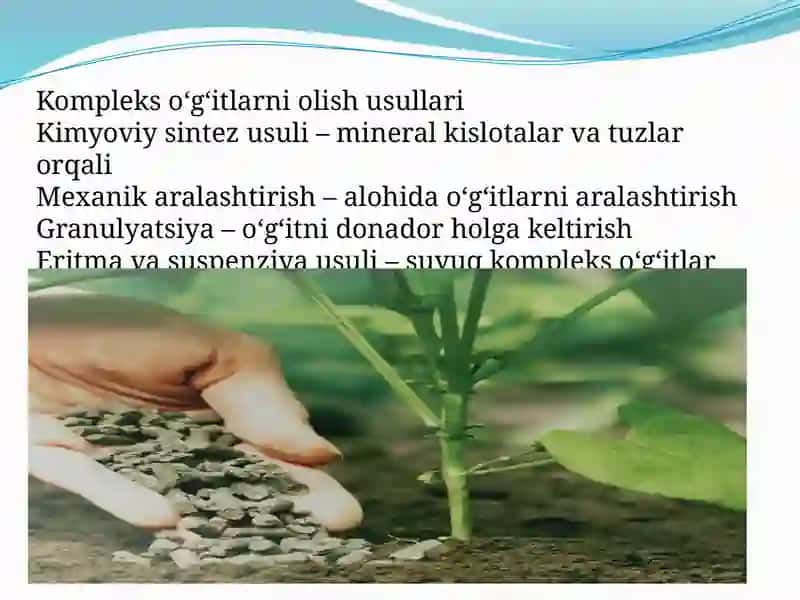 Kompleks oʻgʻitlarni olish usullari. Kobaltli mikrooʻgʻitlar. Parranda ahlati eng samarali mahalliy oʻgʻit. Sapropel va boshqa mahalliy oʻgʻitlar, ulardan foydalanish yoʻllari 3