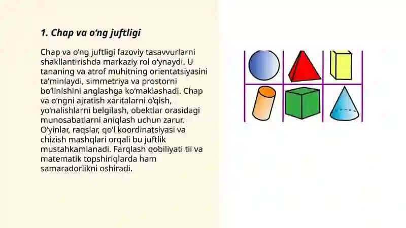 Fazoviy tasavvurlarni shakllantirishda qaysi juftliklar asosiy 3