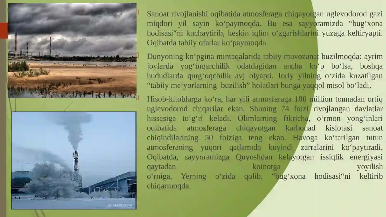IQLIMOʻZGARISHINIKELTIRIBCHIQARUVCHI MANBALARVAOMILLAR 3