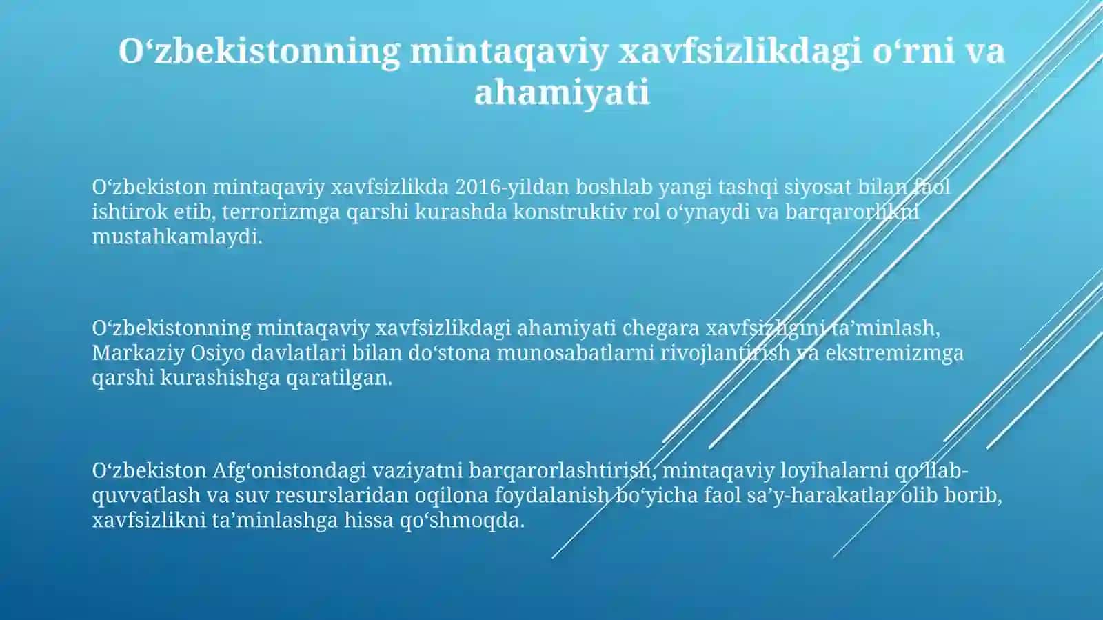 Oʻzbekistonning Markaziy Osiyodagi Tinchlikvabarqarorliknita’minlashdagiurni 3