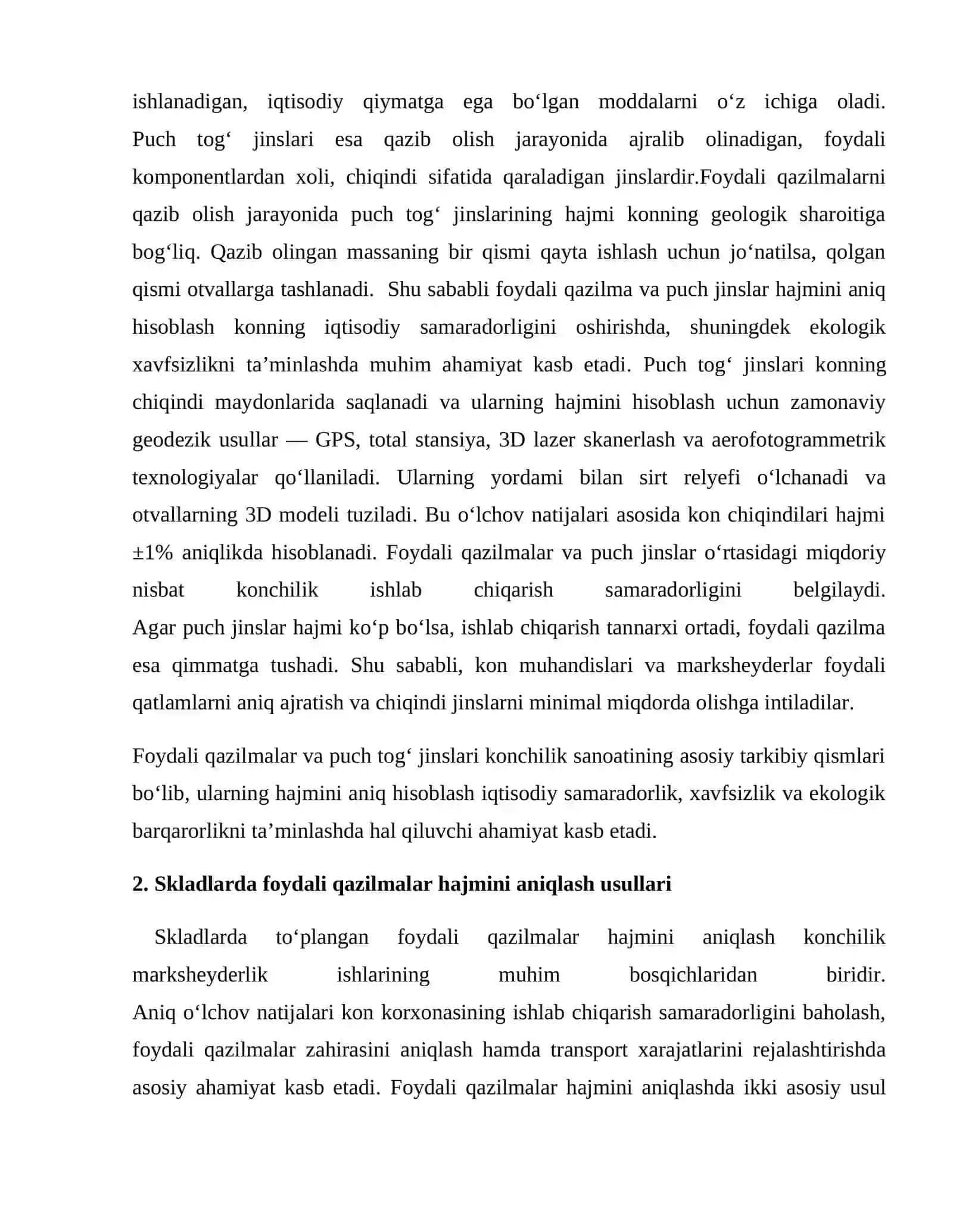 Foydali qazilmalar hajmini skladda, puch tog‘ jinslari hajmini esa otvallarda aniqlash 3