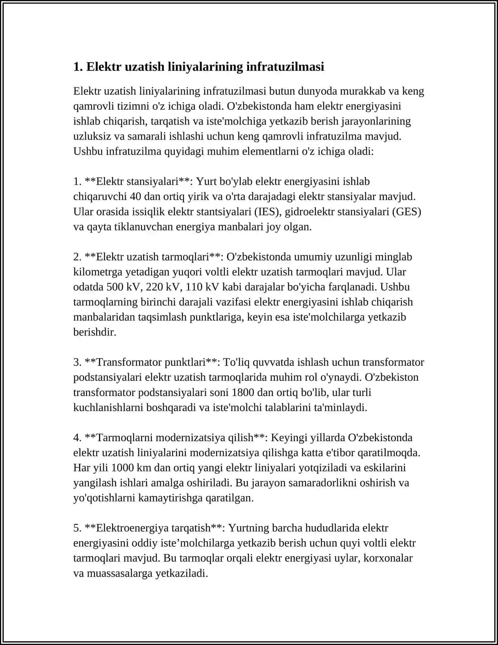 MUSTAQIL ISH: Elektr Uzatish Havolari Montaji 3