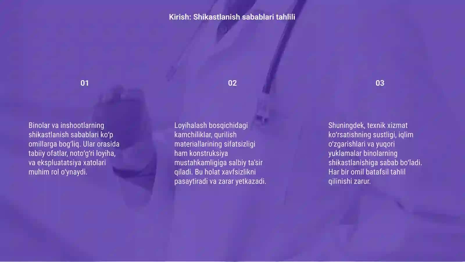Binolar va inshootlar konstruksiyalarini shikastlanish sabablari umumiy ko'rinishi 3