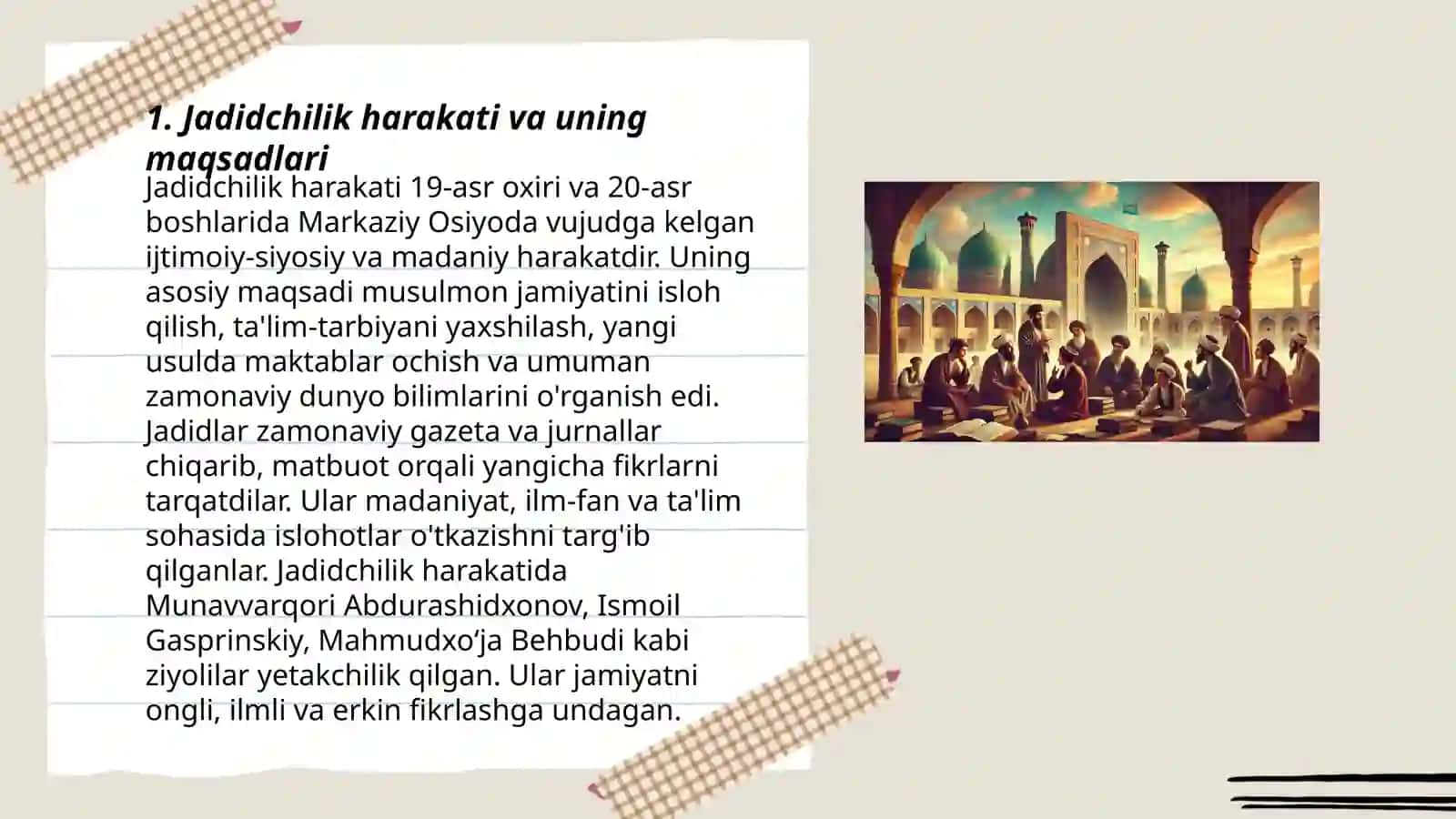 Jadid maʼrifatparvarlarning oʻlka, ijtimoiy-ma'naviy hayotida tutgan oʻrni( Munavvar qori, Fitrat, Behbudiy, Avloniy) by Tangirqulova Hilola Oʻktam qizi 3