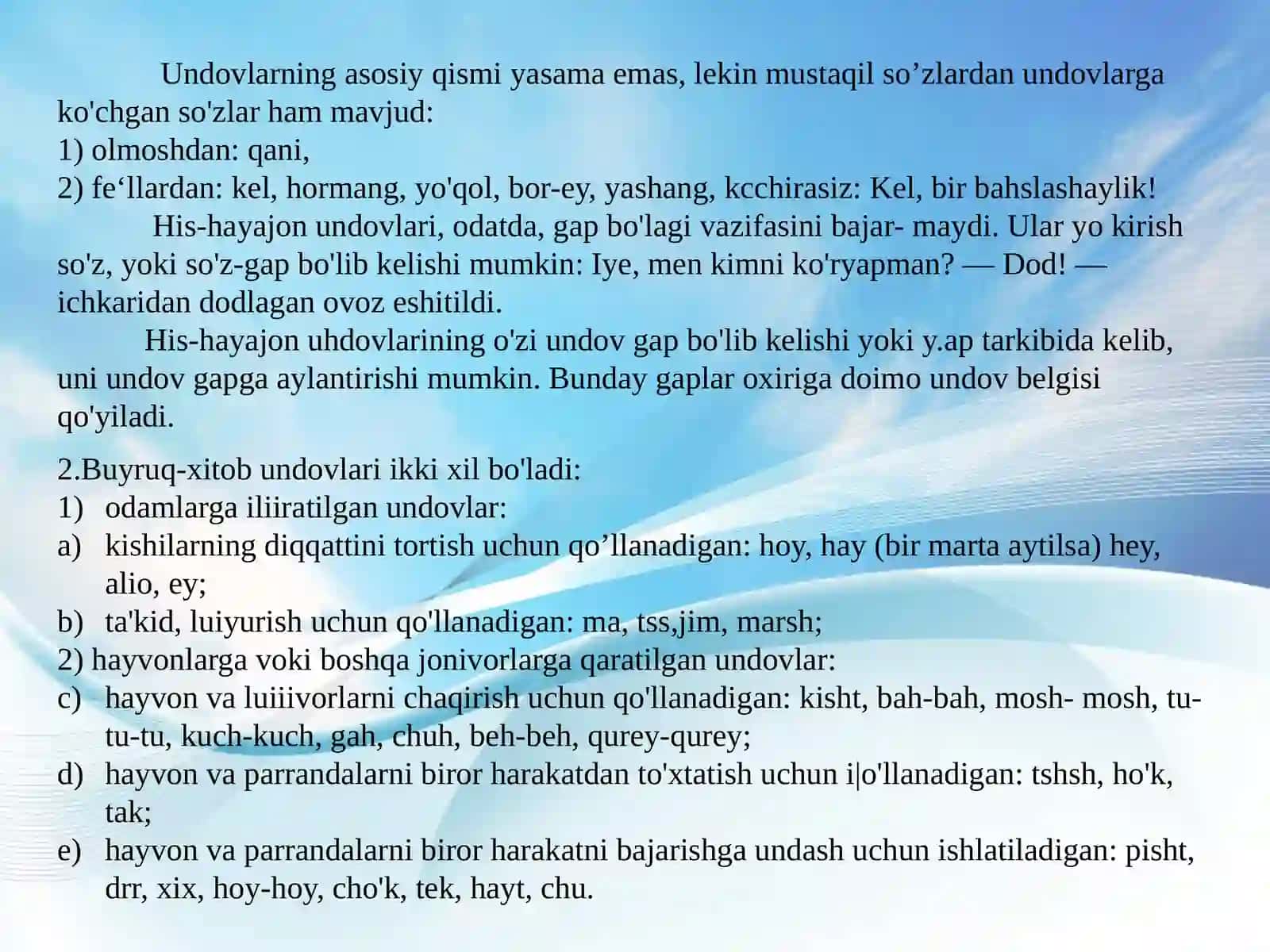 Undov, taqlid va modal so'zlar, ularning uslubiyoti 3