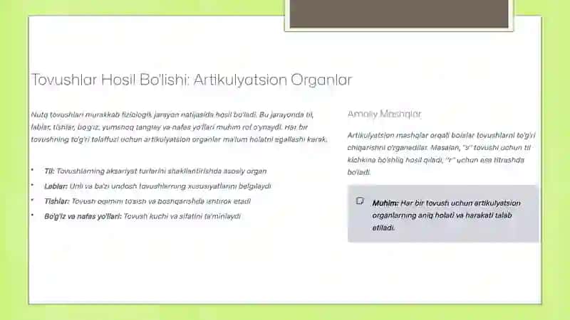 Tovushlar hosil bo'lishida artikulyatsion organlarning ahamiyati 3