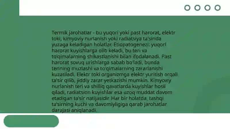 Termik jarohatlar. Etiopatogenezini umumiy tushunchalari. Odam organizmiga yuqori va past haroratni, elektr tokini tasir mehanizmi. Kuyishlar va sovuq urushlar. Kimyoviy nurlanish va radiatsion kuyishlar 3