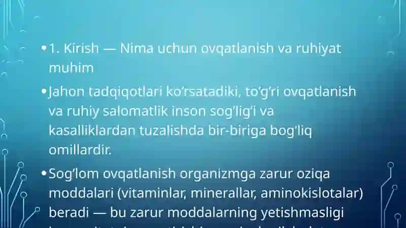 KASALLIKNI   DAVOLASHDA   TO’G’RI   OVQATLANISHNING    O’RNI .    INSON   RUHIYATINING  KASALLIKLARNI   DAVOLASHGA  TA ‘SIRI 3