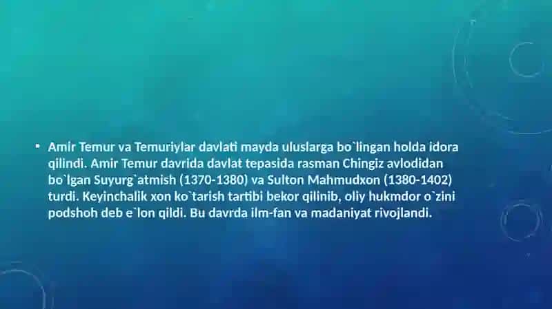 AMIR TEMUR VA TEMURIYLAR DAVRI TARIXSHUNOSLIGI HAQIDA MA’LUMOT 3