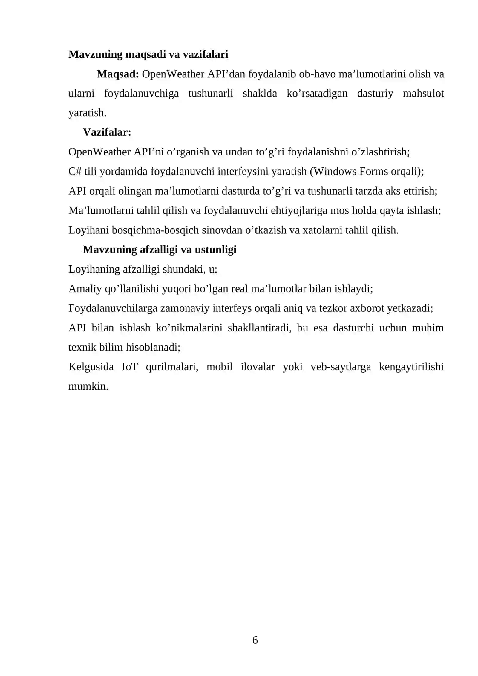 API yordamida ob-havo haqidagi ma’lumotlarni olish uchun ilova  dasturi ishlab chiqish va ulardan axborot tizimlarida foytdalanish 3