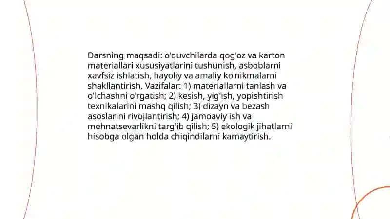 Qogʻoz va karton bilan ishlash darslarini mazmuni 3