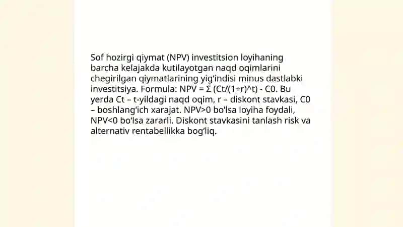 Investitsion loyihalarning iqtisodiy samaradorlik ko'rsatkichlari 3