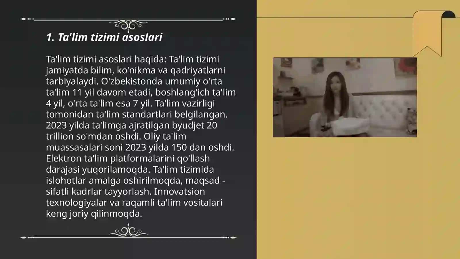 Ta’limning tizimlilik va izchillik prinsplarini amalga oshirish qoidalarini mutaxassisligingizga oid mavzu misolida taqdimot qiling 3