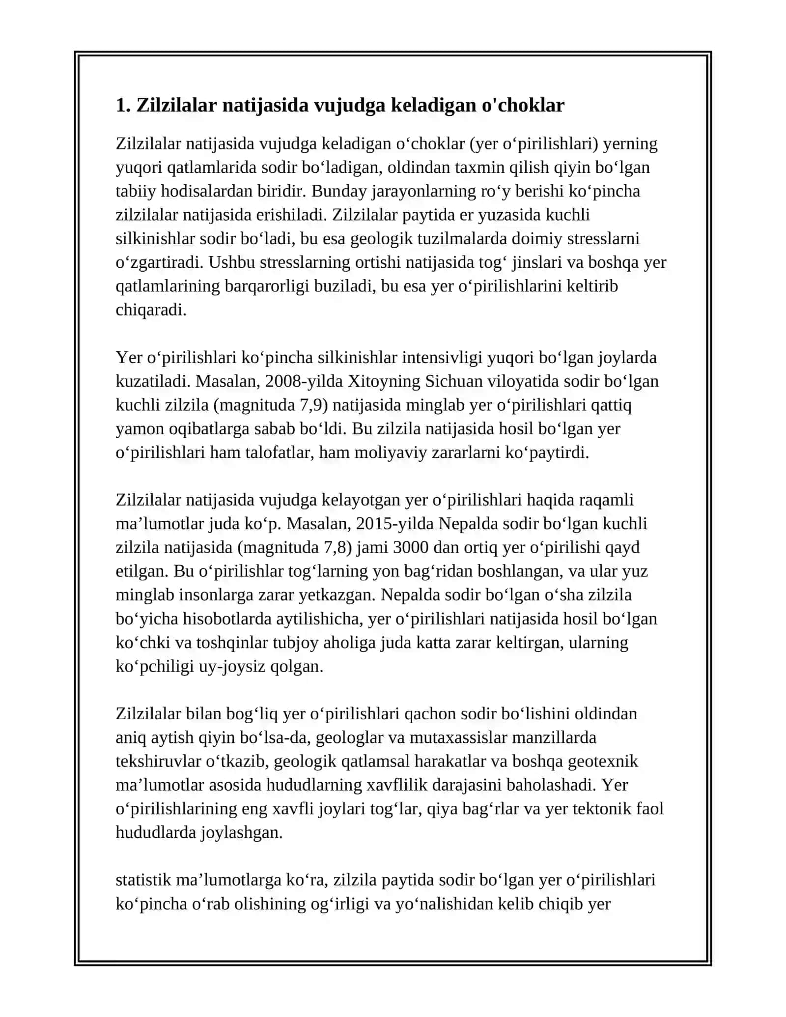 TABIIY OFATLAR OQIBATIDA YUZAGA KELADIGAN FAVQULODDA VAZIYAT O'CHOQLARINING XUSUSIYATLARINI O'RGANISH 3