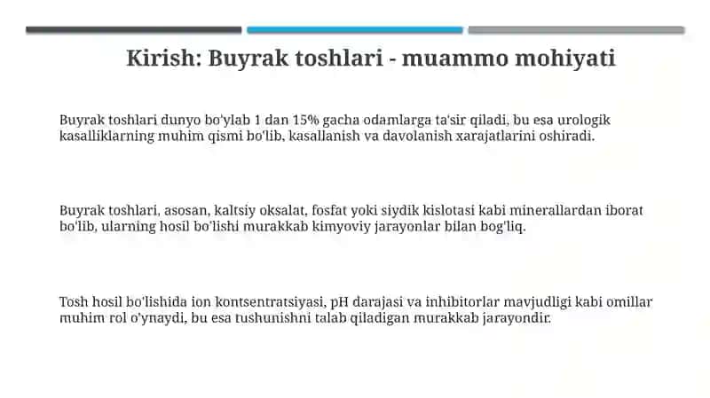 Tosh kasalliklarining kimyoviy asoslarini ilmiy tahlil qilish va ma'lumotlar taqdim etish 3