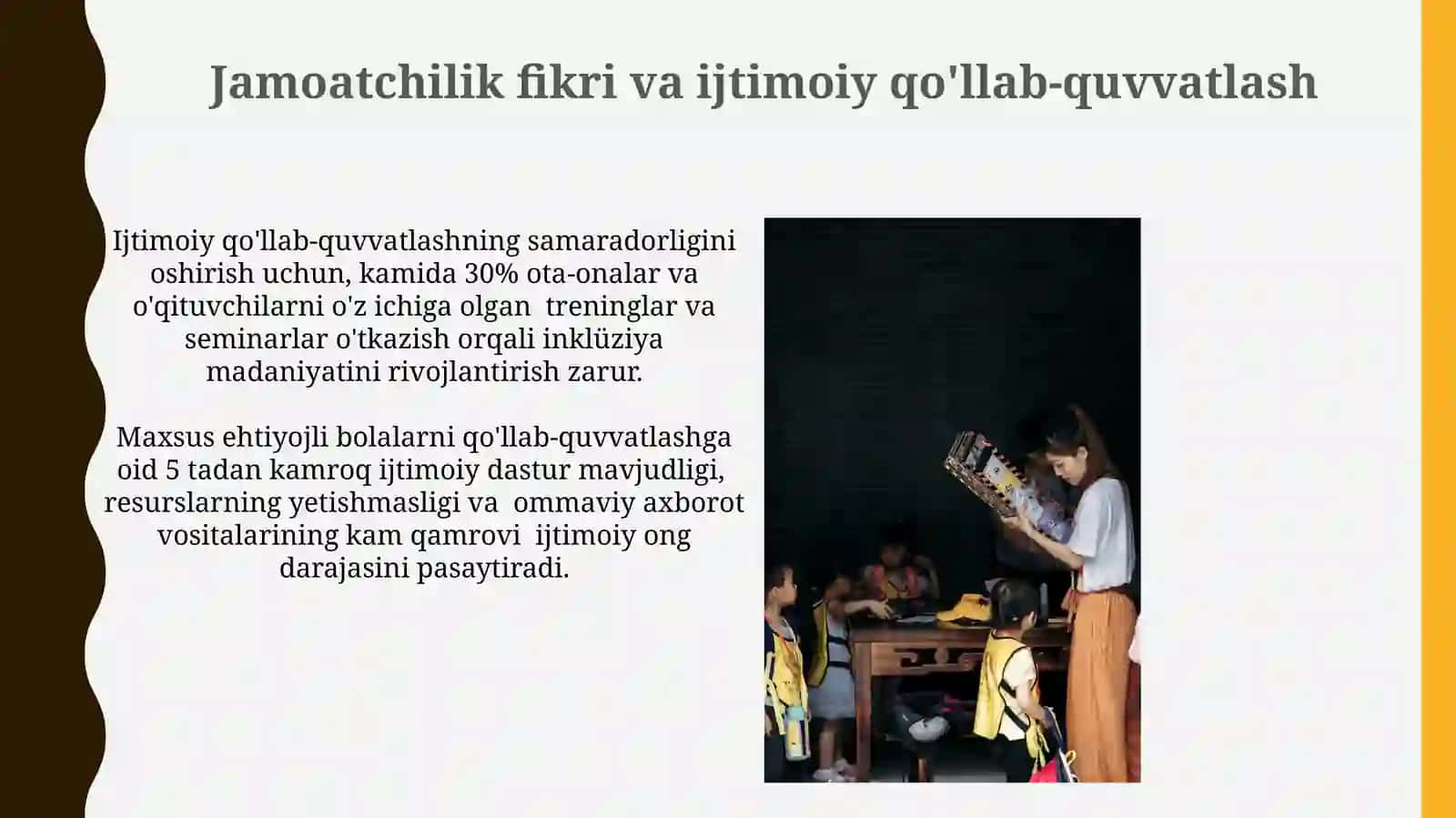 Kamida 30% ota-onalar va o'qituvchilarni o'z ichiga olgan treninglar va seminarlar o'tkazish 3