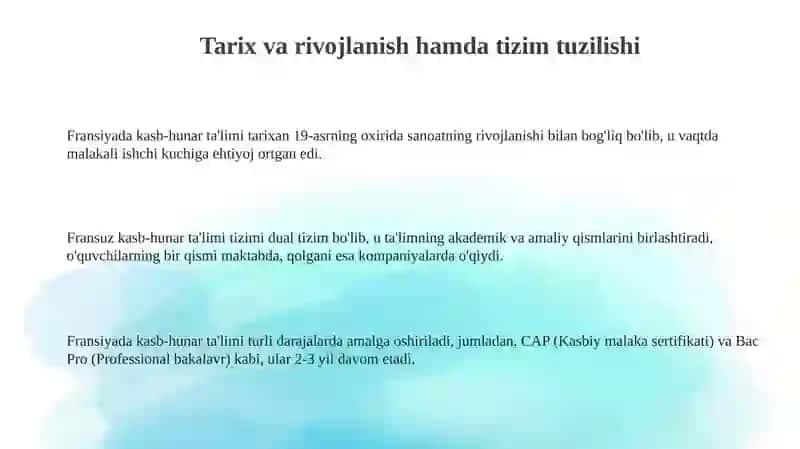 Kasbiy taʼlim tizimida rivojlangan davlatlar. Fransiya 3