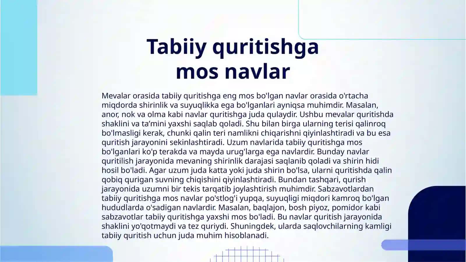 MEVA – UZUM VA SABZAVOTLARNI TABIIY USULDA QURITISH 3