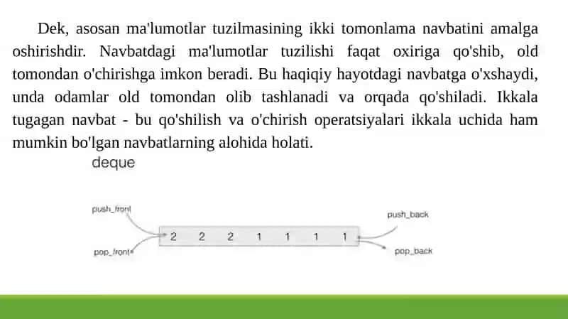 Chiziqli bog’langan ro’yxatlar bilan ishlash algoritmlari va dasturlarini tuzish. dek 3