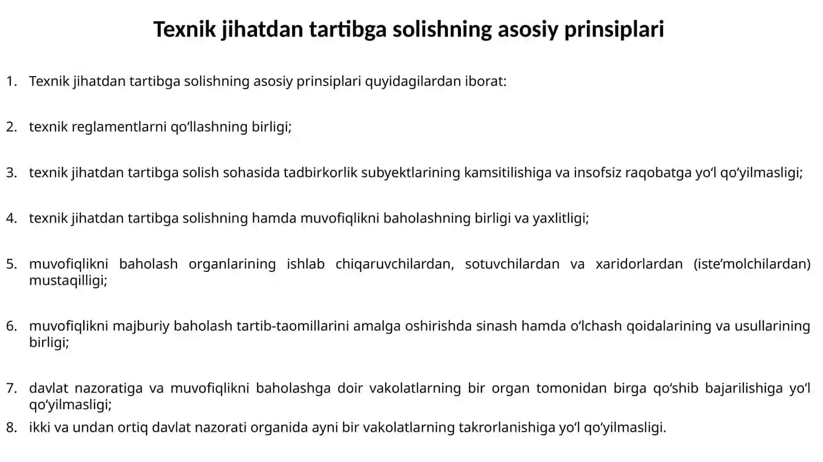 Texnik jihatdan tartibga solishning asosiy prinsiplari mazmun-mohiyati, texnik jihatdan tartibga solish davlat tizimi va davlat siyosatining asosiy yo‘nalishlari tushunchalarining o‘ziga xos jihatlari 3