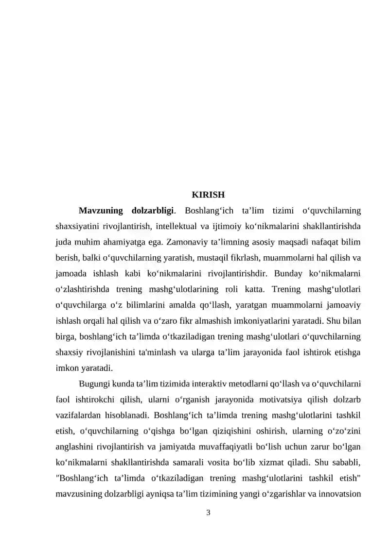 Boshlang’ich ta’limda o’tkaziladigan trening mashg‘ulotlarini tashkil etish. 3