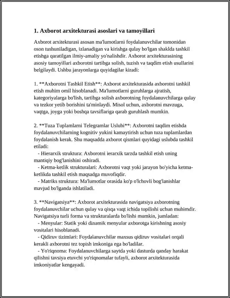 INFORMATSION ARXITEKTURA VA NAVIGATSIYA.AXBOROT TUZILISHI, KONTENTNI UYUSHTIRISH (CONTENT ORGANIZATION) 3