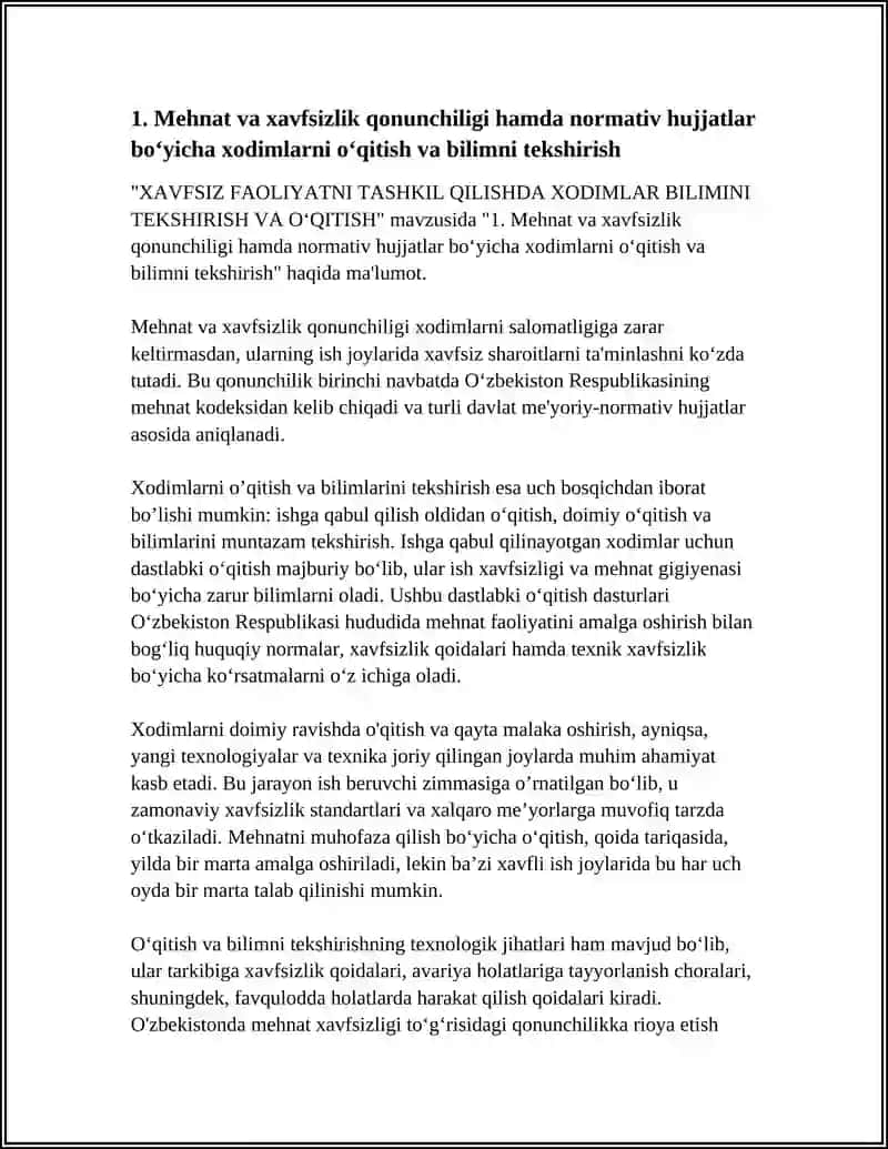 XAVFSIZ FAOLIYATNI TASHKIL QILISHDA XODIMLAR BILIMINI TEKSHIRISH VA OʻQITISH 3
