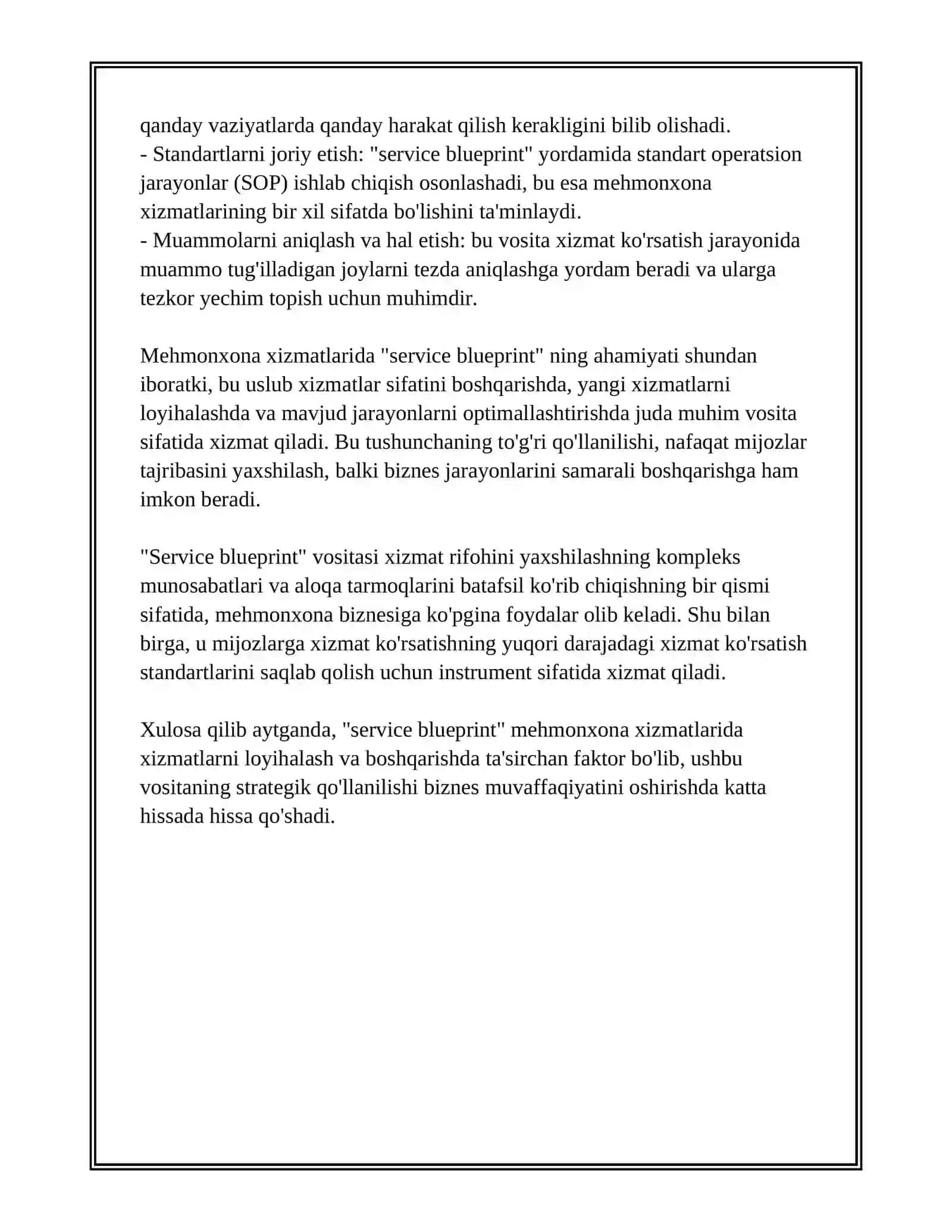 MEHMONXONA XIZMATLARIDA "SERVICE BLUEPRINT" VA STANDART OPERATSION JARAYONLAR (SOP) 3