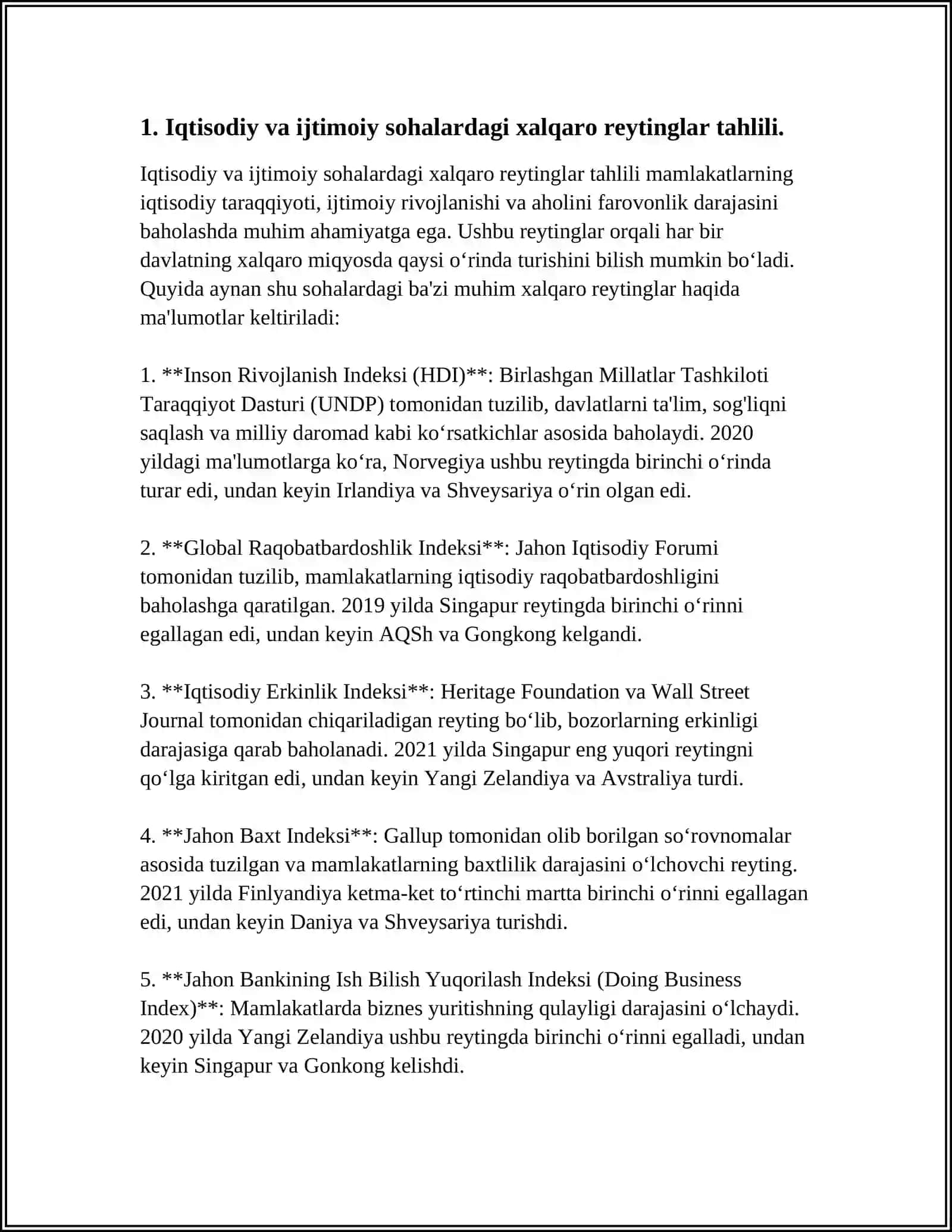 IQTISODIY VA IJTIMOIY SOHADAGI USTUVOR XALQARO REYTINGLAR VA ULARGA OʻZBEKISTONNING INTEGRATSIYALASHUVI 3