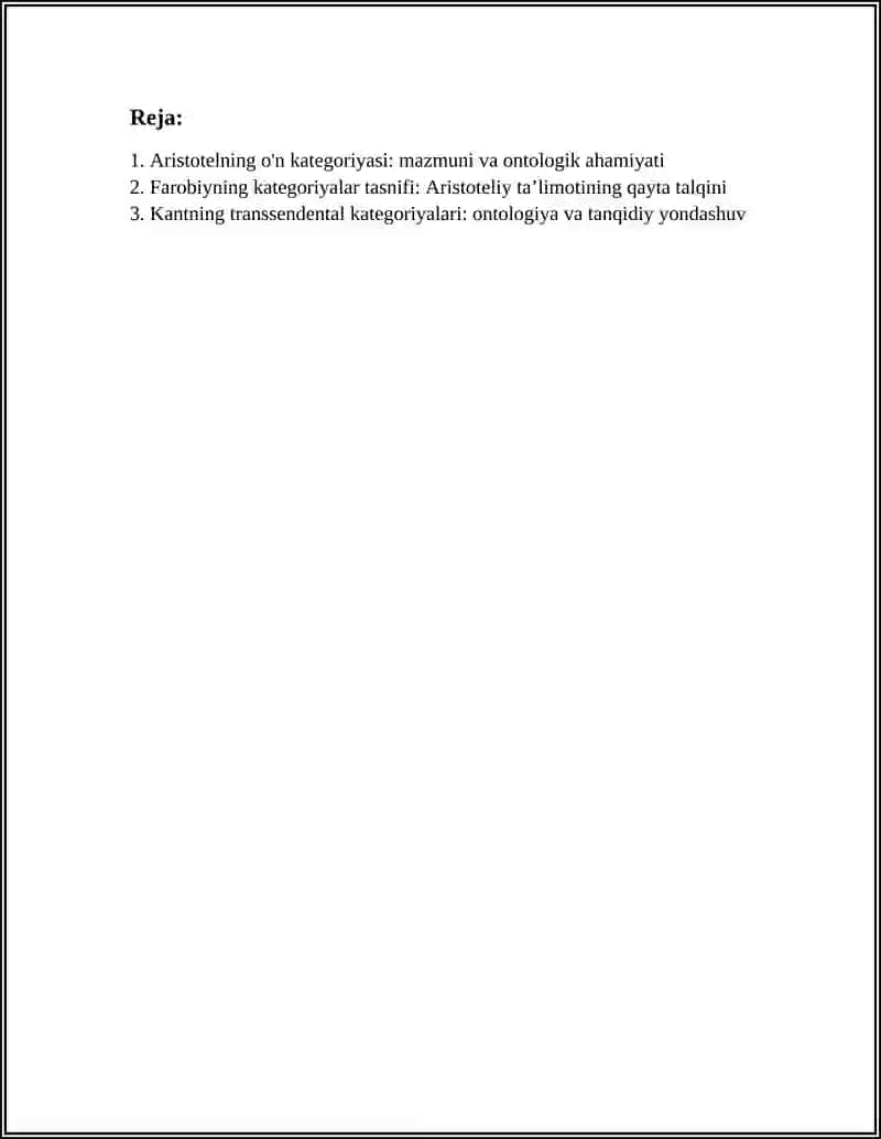 ARISTOTEL,FAROBIY VA KANT ONTOLOGIYASIDA KATEGORIYALARNING TANSIFI 3