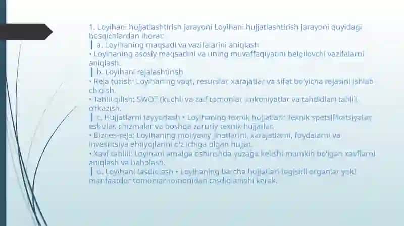 Loyihani hujjatlashtirish jarayoni va uni amalga oshirish. Shartnoma tuzish shartlari 3