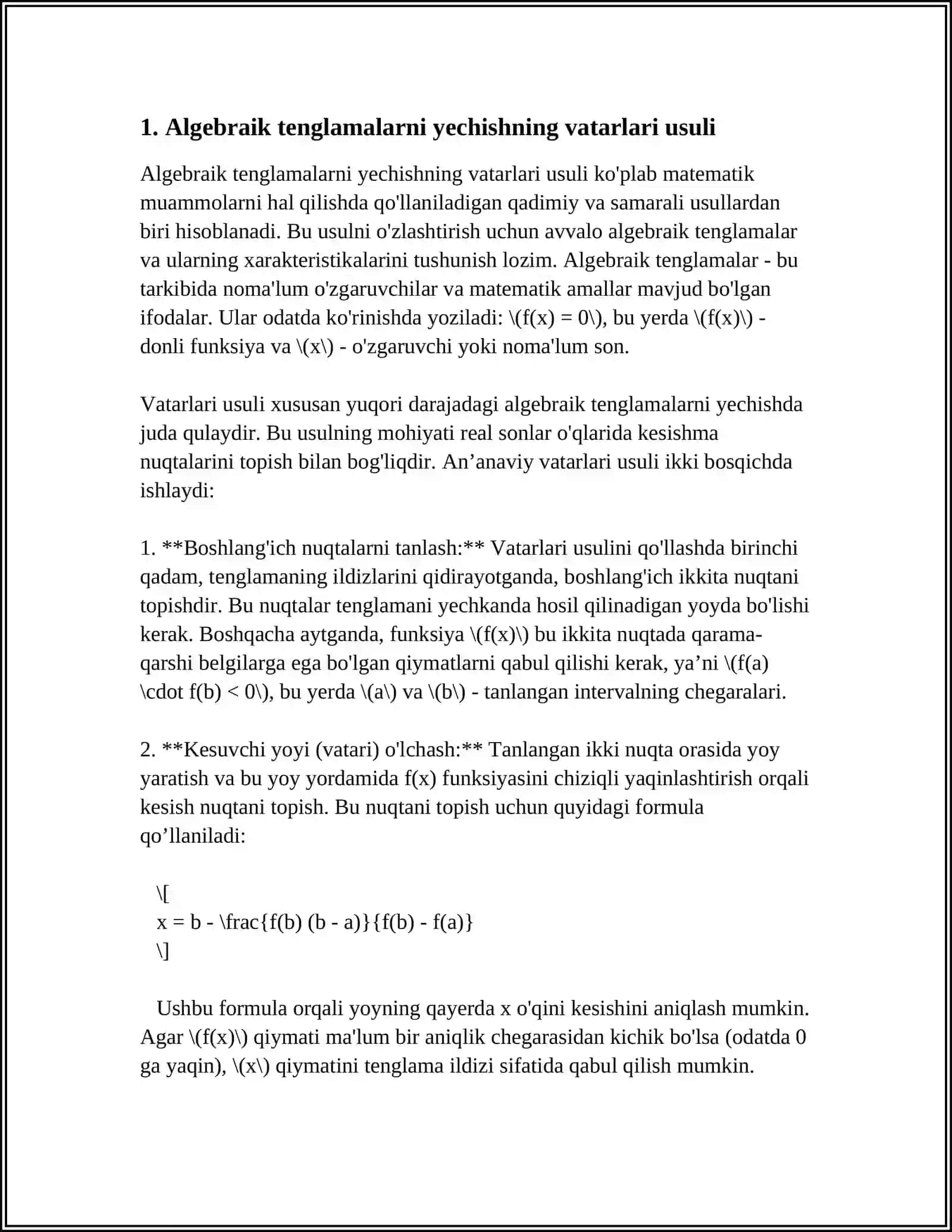 ALGEBRAIK TENGLAMALARNI YECHISHNING VATARLAR USULI 3