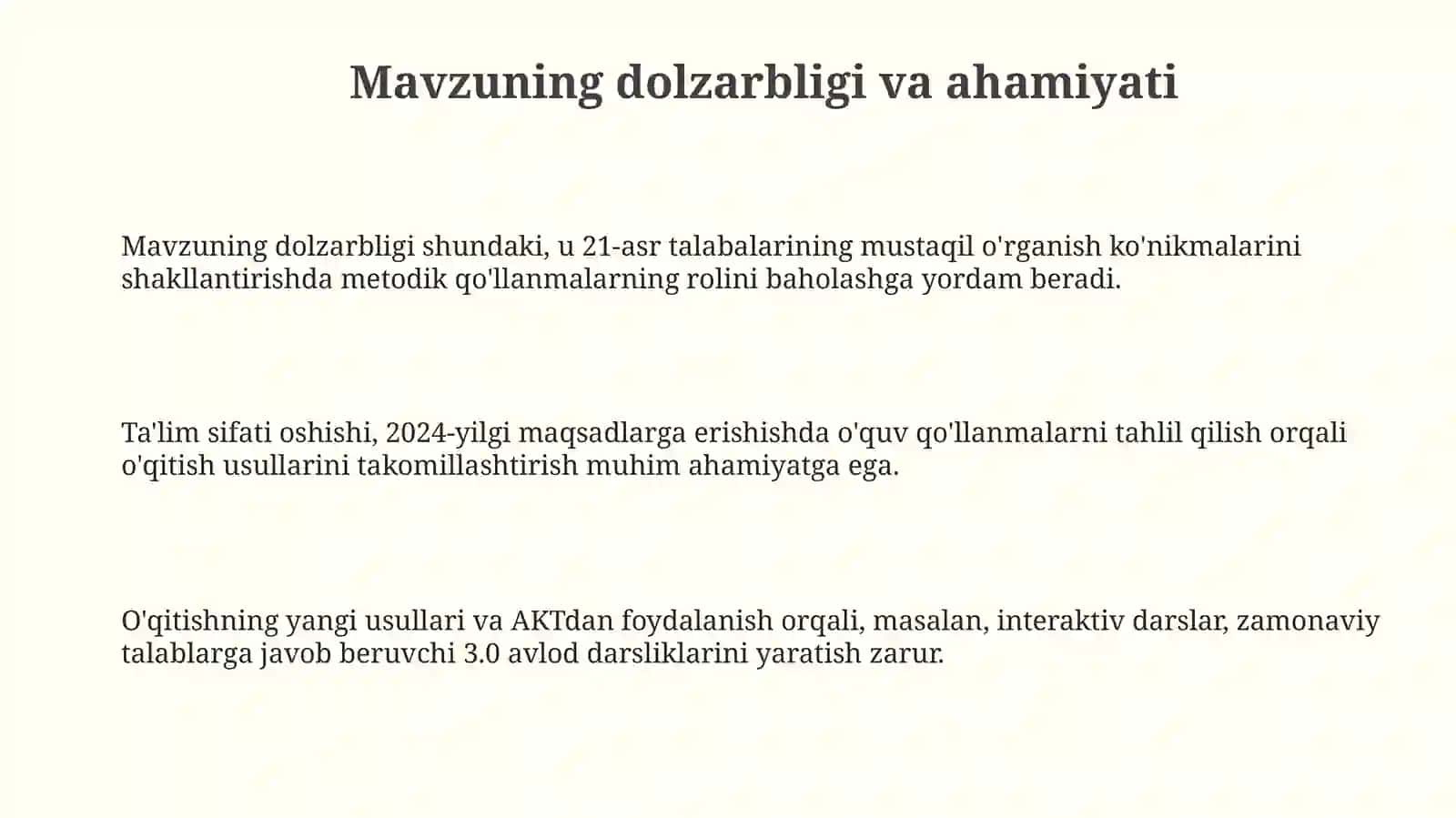 Mustaqil ravishda mavzuga oid darslik, o'quv va metodik qo'llanmalarni o'rganish va tahlil qilish 3