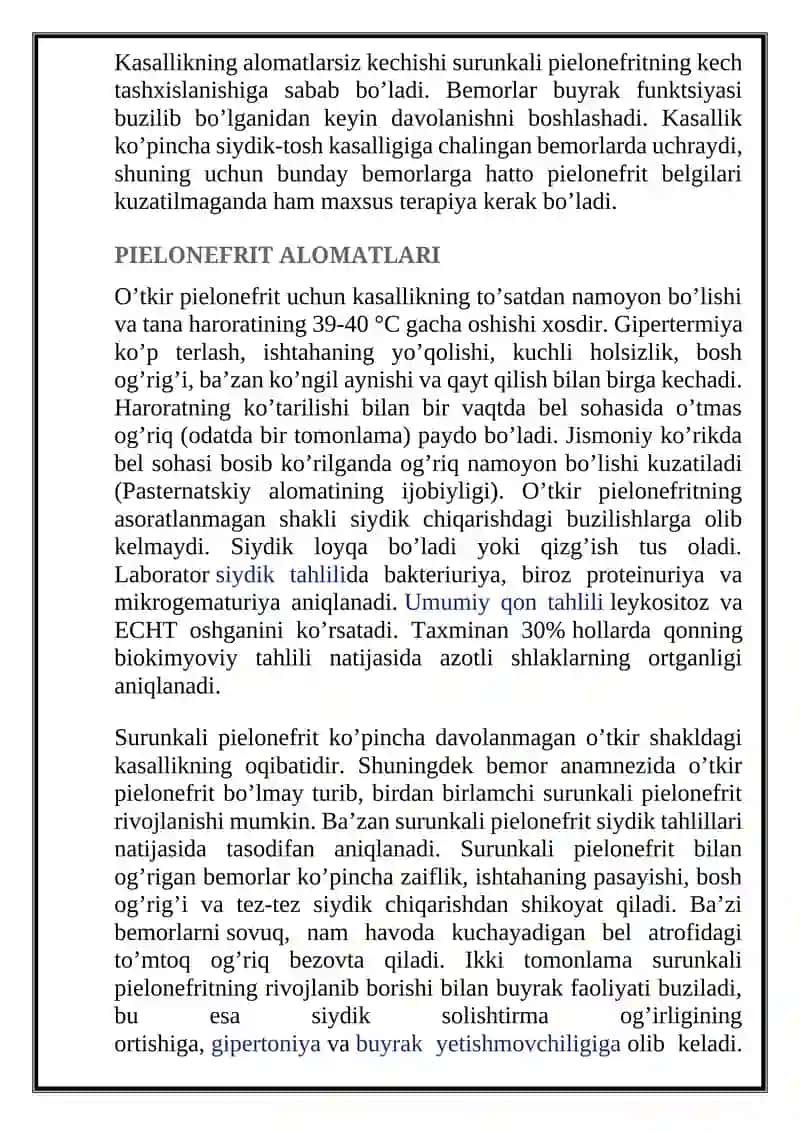 Pielonefrit — O’TKIR VA SURUNKALI TURI, ALOMATLARI, ASORATLARI, TASHXISLASH VA DAVOLASH 3